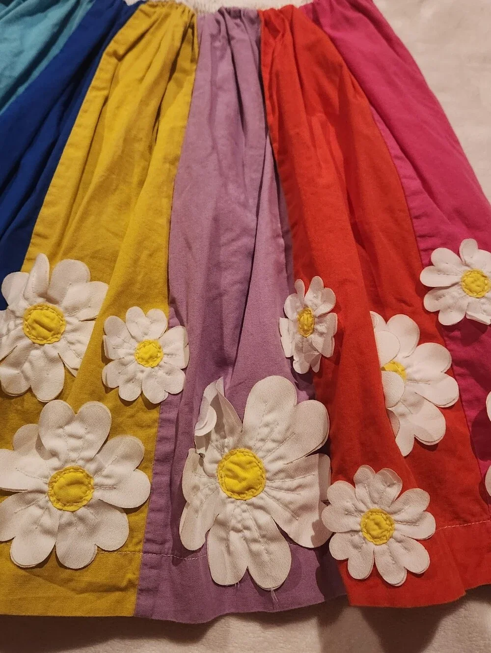 HTF Mini Boden White Smocked Top Rainbow Panel Dress with Daisy Appliqués